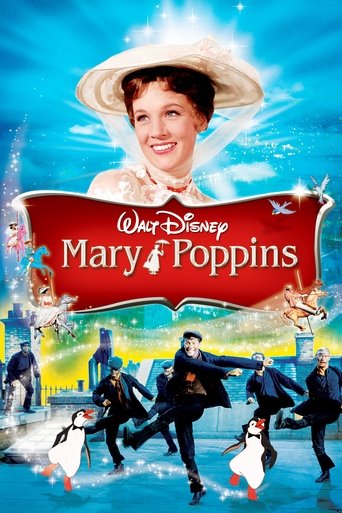 This vibrant poster features Mary Poppins in a radiant white hat against a bright blue sky, surrounded by joyful characters dancing in colorful costumes. The warm tones and playful energy evoke a cheerful, magical atmosphere, capturing the essence of a classic children's adventure.