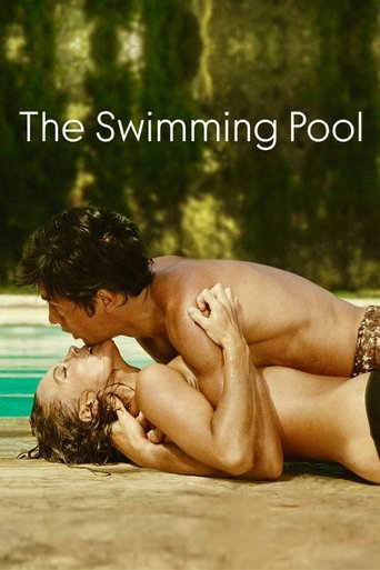 The poster features a passionate couple embracing in a sunlit pool, with warm golden tones and lush greenery in the background. The intimate, romantic mood evokes a sense of timeless love and connection.