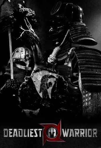 The poster features two armored warriors in a tense, dark atmosphere. The monochromatic palette emphasizes the gritty, intense mood of the show. The title "Deadliest Warrior" is prominently displayed at the bottom, suggesting a challenging and dangerous storyline.