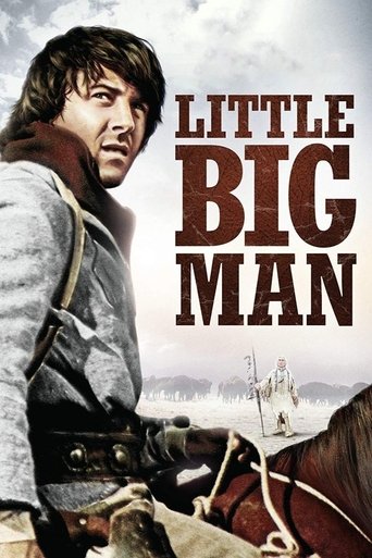 The poster features a rugged man with dark hair and a beard, wearing a leather vest over a gray shirt, looking intently forward. The title "Little Big Man" is prominently displayed in bold, brown letters against a cloudy sky. The overall mood is gritty and adventurous, evoking themes of survival ...