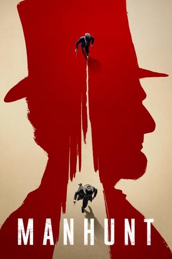 The poster features a silhouette of a man in a top hat against a red background, with a small figure hanging from his hat and another figure below him. The title "MANHUNT" is prominently displayed at the bottom in bold white letters. The overall mood is mysterious and suspenseful, evoking a sense...