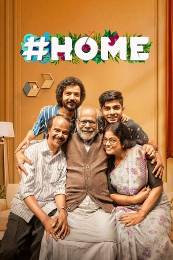 The poster features a group of six people posing joyfully in a warmly lit room with a cozy, inviting atmosphere. The vibrant colors of the text "#HOME" add a playful touch, while the group's relaxed expressions convey warmth and happiness.