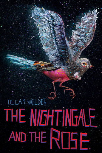 The poster features a majestic bird with vibrant plumage, its wings spread wide against a starry night sky. The title, "The Nightingale and the Rose," is prominently displayed in bold, pink lettering. The overall mood is mysterious and romantic, evoking a sense of wonder and perhaps a touch of me...