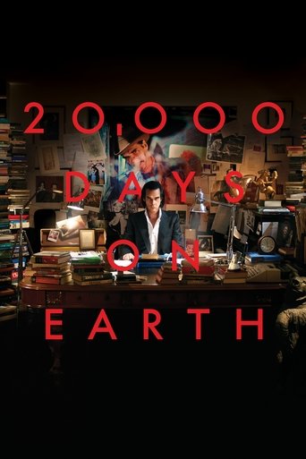 The poster features a man in a suit standing behind a cluttered desk, surrounded by books and papers, suggesting a detective or investigator. The title "20,000 Days on Earth" is prominently displayed in bold red letters, creating a stark contrast against the dark background. The overall mood is m...
