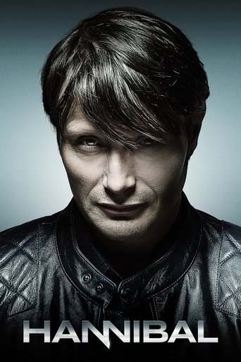 The poster features a close-up of Hannibal Lecter, his intense gaze piercing the viewer with a leather jacket and dark hair. The muted blue-gray background adds a somber tone, while the bold, metallic text "HANNIBAL" anchors the image.