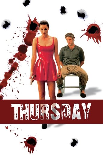 The poster features a woman in a red dress standing beside a man in a green shirt, both with blood splatters around them. The title "THURSDAY" is prominently displayed in bold, blood-red letters at the bottom. The overall mood is suspenseful and dramatic, suggesting a thriller or horror genre.