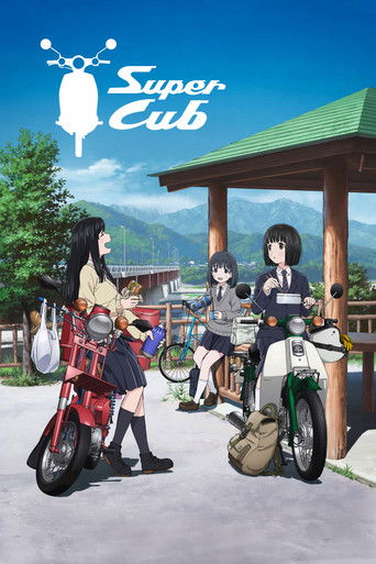 The poster features four anime characters on bicycles in a bright, sunny mountain setting. Vibrant colors like red, green, and blue create a cheerful, adventurous mood. The characters appear friendly and ready for a fun-filled adventure.