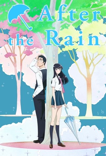 The poster features a romantic couple standing under a bright blue sky, surrounded by stylized trees in soft pastel colors. A woman in a school uniform holds a white umbrella, while a man in a suit stands beside her, looking affectionate. The overall mood is dreamy and cheerful, evoking a sense o...