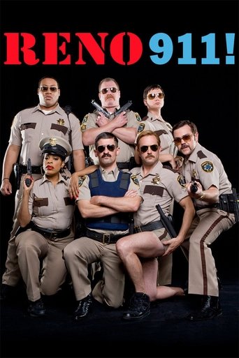 The poster features a group of police officers in uniform, posing in a dramatic pose against a stark black background. The title "RENO 911!" is prominently displayed in bold red and blue letters at the top. The mood is intense and humorous, capturing the essence of the show's comedic tone.