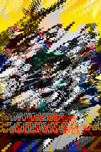 The poster features a dynamic group of My Hero Academia characters, including Deku in the foreground with his signature green hair and white outfit, surrounded by other heroes like Bakugo, Shoto, and others in colorful costumes. The vibrant yellow background with bold red text emphasizes the ener...