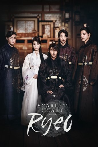 The poster features six characters in traditional Korean hanbok, with a warm, romantic atmosphere. The central figure in black and white contrasts with the others' darker attire, creating a visually striking composition. The title "Scarlet Heart: Ryeo" is elegantly displayed at the bottom, sugges...