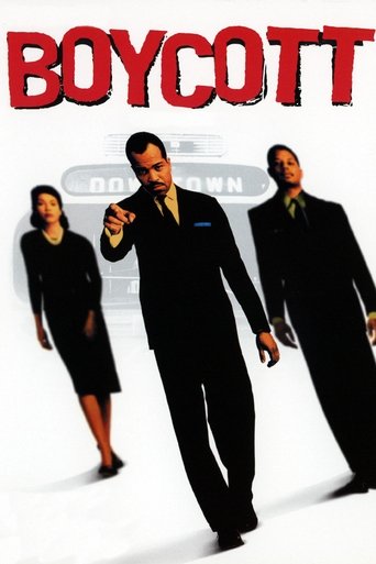 The poster features a bold red title against a stark white background, with three figures in formal attire—man in suit pointing forward, woman in black dress, and man in suit—creating a dramatic and intense atmosphere. The composition suggests a high-stakes narrative with a sense of urgency and t...