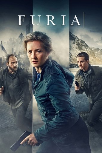 The poster features three characters in action poses against a dramatic, moody backdrop. The central figure, a woman with a determined expression, dominates the frame with her teal jacket and gun. The background includes a man in a dark jacket on the left and another man aiming a rifle on the rig...