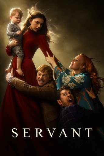 The poster features a dramatic family scene with a woman in a red dress holding a baby, while other family members look up in awe. The warm, golden lighting enhances the emotional depth, creating a powerful and inspiring atmosphere.