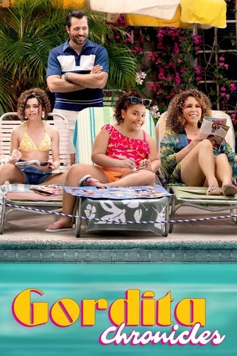 The poster features four characters relaxing on a poolside lounge, with vibrant colors like yellow, pink, and blue creating a cheerful, summery mood. The title "Gordita Chronicles" is prominently displayed in playful, colorful lettering at the bottom.