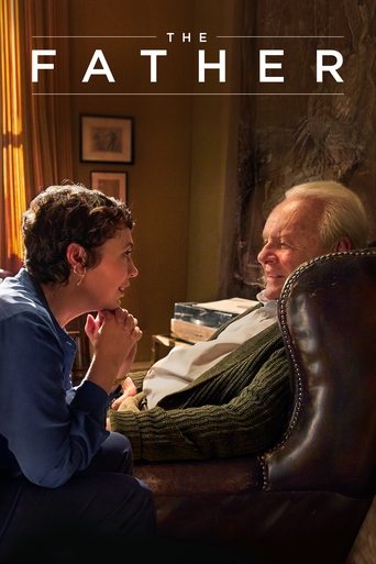 The poster features a young man in a blue shirt and an elderly man in a green sweater sitting in a leather armchair. The warm, dimly lit room with soft lighting creates an intimate and nostalgic atmosphere. The title "The Father" is prominently displayed at the top in bold white letters.