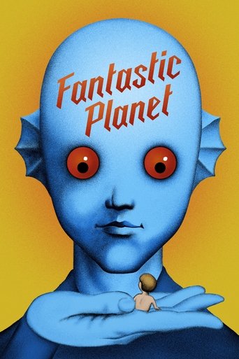 The poster features a blue alien character with red eyes and a serene expression, holding a small object in his hand. The background is a warm yellow, creating a striking contrast that emphasizes the character's ethereal presence. The title "Fantastic Planet" is written in bold red letters across...