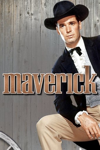 The poster features a man in a black hat and tuxedo sitting on a wheel, exuding a rugged charm. The muted gray background contrasts with the warm tones of his attire, creating a moody, cinematic atmosphere. The title "Maverick" is prominently displayed in bold, metallic lettering, emphasizing the...