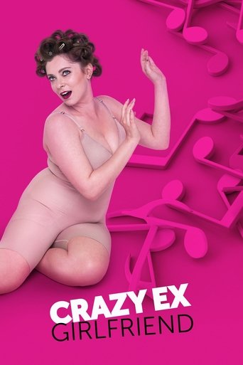 The poster features a woman with curly hair in a provocative pose against a vibrant pink background. The title "Crazy Ex-Girlfriend" is prominently displayed in bold white letters. The overall mood is playful and suggestive, with the woman's confident stance and the colorful design creating an en...