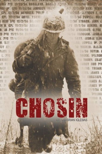 The poster features a soldier in a trench coat and helmet, standing amidst a backdrop of Korean War-era newspaper clippings. The muted sepia tones evoke a somber, reflective mood, while the bold red "CHOSIN" text anchors the image with a sense of urgency and historical weight.