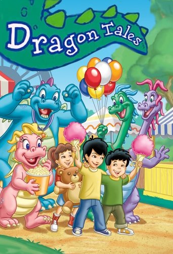 The vibrant poster features colorful children joyfully posing with dragon-themed props like balloons and a dragon's head. The lively scene, with bright blues, greens, and pinks, evokes a cheerful, magical atmosphere perfect for young audiences.
