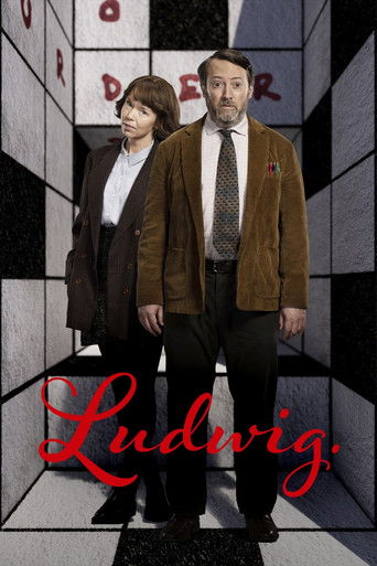 The poster features two men in brown suits standing against a geometric, checkered background. The title "Ludwig" is written in bold red script at the bottom. The mood is serious and dramatic, suggesting a thriller or drama.