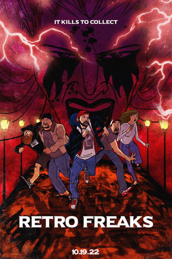 This movie poster features four characters in a dramatic pose against a fiery, stormy backdrop with lightning and a menacing face. The colors are intense reds and oranges, creating a sense of danger and excitement. The poster conveys a thrilling, retro-freak vibe with its bold typography and dyna...