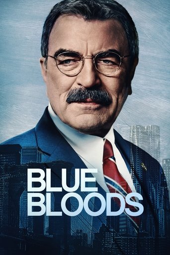 The poster features a stern-faced man with a mustache and glasses, dressed in a sharp suit against a backdrop of a city skyline. The title "BLUE BLOODS" is prominently displayed in bold white letters, conveying a serious and dramatic tone. The muted blues and grays evoke a sense of mystery and au...