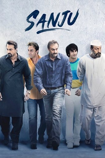 The poster features six men walking together against a muted blue background, with the title "SANJU" prominently displayed in bold, stylized letters. The composition conveys a sense of camaraderie and shared purpose, with warm tones in their clothing contrasting against the cool backdrop.