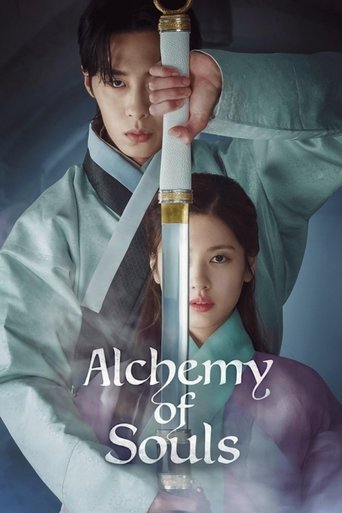 The poster features a dramatic scene with a man in traditional Korean attire holding a sword, while a woman in matching clothing gazes forward. The muted tones and ethereal lighting create an atmospheric, mysterious mood. The title "Alchemy of Souls" is elegantly displayed in the center, emphasiz...