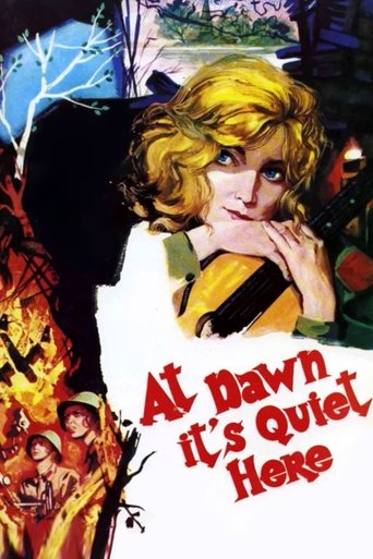 The poster features a young woman with blonde hair, her expression mysterious and slightly eerie. The background is dark with hints of flames and a spooky forest, creating a suspenseful atmosphere. The title "At Dawn It's Quiet Here" is prominently displayed in red, adding to the ominous tone.