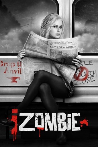 The poster features a woman holding a newspaper on a subway train, with zombie-like figures in the background. The image uses black and white tones, creating a spooky atmosphere. The title "iZombie" is prominently displayed at the bottom in red blood splatters.