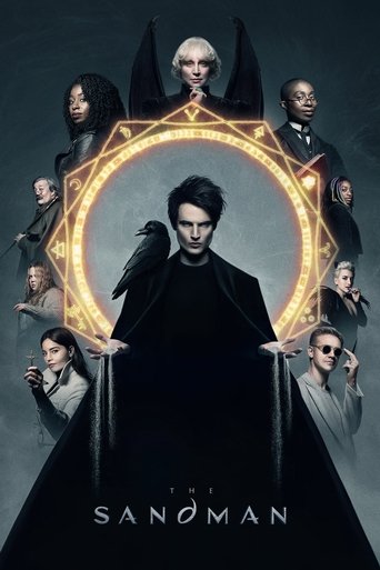 This poster depicts a dark, mysterious scene with a central figure in black robes holding a glowing golden pentagram, surrounded by six other characters in various poses. The color palette is dominated by deep blacks and dark grays, with the golden pentagram providing a striking contrast. The moo...