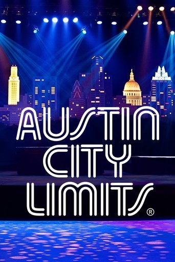 The poster features a vibrant cityscape at night with illuminated skyscrapers under dramatic blue and purple stage lights. The bold, white text "Austin City Limits" stands out against the colorful backdrop, evoking excitement and energy. The overall mood is lively and celebratory, capturing the e...