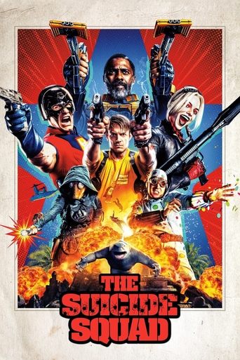 This vibrant poster showcases a dynamic ensemble of superheroes in action poses against a fiery red and yellow backdrop. The central figure, a man in a yellow shirt, is surrounded by other characters wielding weapons like guns and swords, creating an intense and action-packed atmosphere. The bold...