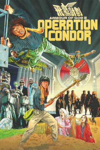 This poster depicts the iconic "Operation Condor" mission with a dramatic, action-packed atmosphere. The central figure, a man in a green uniform, leaps into the air while another soldier holds a rifle, suggesting a high-stakes conflict. The background features a crowd of soldiers in various unif...