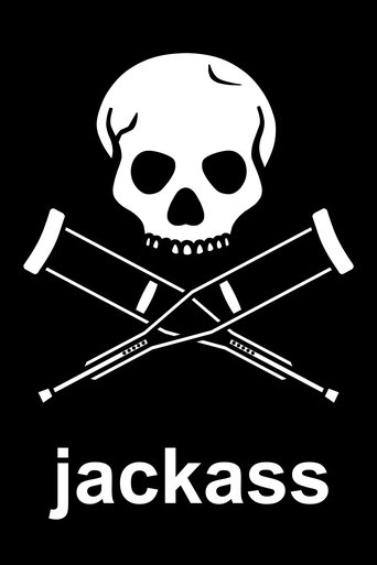This black-and-white poster features a menacing skull with crossed rifles, evoking a dark, comedic horror vibe. The bold "Jackass" text at the bottom reinforces the show's notorious slapstick and absurdity.