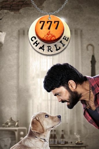 The poster features a man with a beard and a dog looking up at each other against a muted, sepia-toned background. A circular sign reading "777 CHARLIE" hangs from the top, adding a whimsical touch. The mood is warm and nostalgic, evoking a sense of friendship and humor.