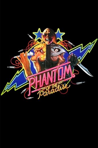 The poster features a dramatic scene with a man in a yellow suit and a woman in a white dress, both surrounded by vibrant neon colors. The title "Phantom of the Paradise" is prominently displayed in bold, stylized text. The overall mood is mysterious and intense, with dynamic lightning bolts and ...