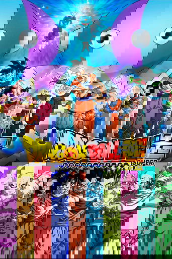 This vibrant poster showcases the beloved Dragon Ball Super cast in a dynamic lineup, with Goku and Vegeta prominently featured in their iconic orange and purple attire. The scene is filled with colorful characters, including Goku's friends and allies, all set against a backdrop of bright blue an...