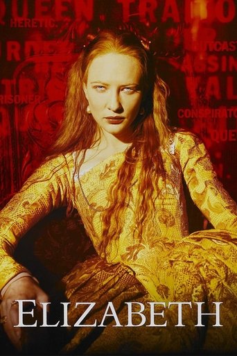 The poster features a woman with long, flowing red hair against a warm, golden background. The text "ELIZABETH" is prominently displayed at the bottom. The overall mood is romantic and dramatic, with a sense of historical elegance.