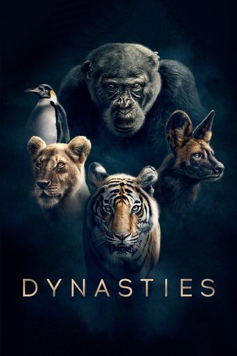 The poster features a dramatic, dark background with four animals—lion, tiger, gorilla, and penguin—surrounded by a mysterious, ethereal glow. The title "DYNASTIES" is prominently displayed in bold, golden letters at the bottom, suggesting themes of power, history, and mystery. The overall mood i...