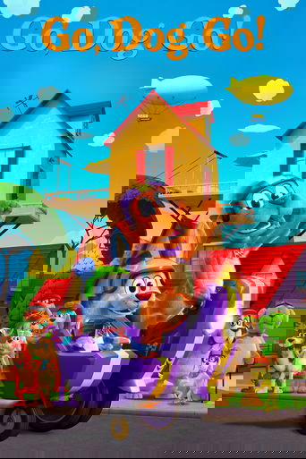 A cheerful cartoon poster featuring a dog in a purple wagon, surrounded by colorful characters and vibrant buildings under a bright blue sky. The playful mood and lively scene capture the essence of a fun, adventurous cartoon show.