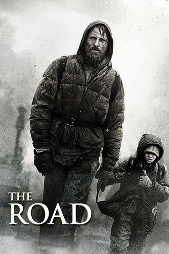 The poster features a gritty, sepia-toned image of two characters in heavy winter coats, evoking a sense of hardship and survival. The muted tones and shadowy figures convey a somber, melancholic mood, while the title "THE ROAD" in bold, distressed typography reinforces the film's themes of journ...