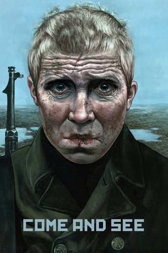 The poster features a weathered, intense face of an older man with a somber expression, set against a muted, desaturated landscape. The muted earth tones and shadowy background evoke a sense of mystery and tension, while the bold, white text "COME AND SEE" adds a stark, commanding presence.