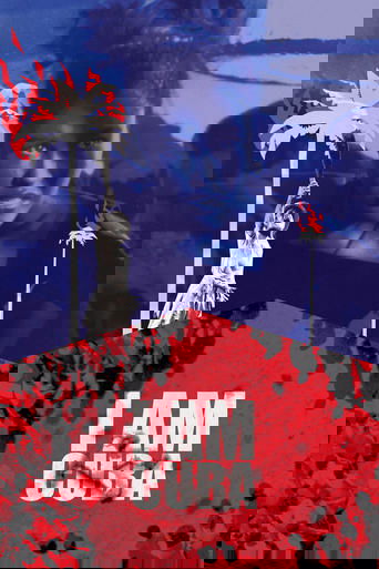 The poster features a striking portrait of a woman with intense eyes, set against a backdrop of vibrant red splatters and a silhouette of a figure in a white dress. The bold, distressed typography "I AM CUBA" dominates the lower section, evoking a sense of urgency and passion. The overall design ...