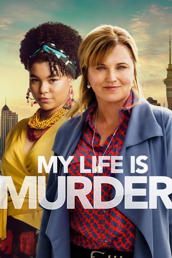 The poster features two women against a warm sunset backdrop, with one woman in a yellow outfit and the other in a blue coat. The title "My Life Is Murder" is prominently displayed in bold white letters. The mood is mysterious yet inviting, suggesting a dramatic story about a woman's life.