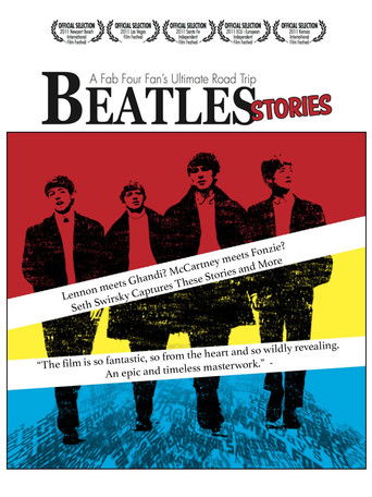 The poster features four silhouetted figures in formal attire against a vibrant red background, with a yellow and blue striped banner below. The bold typography and dramatic composition evoke a sense of mystery and nostalgia, capturing the essence of the Beatles' iconic era.