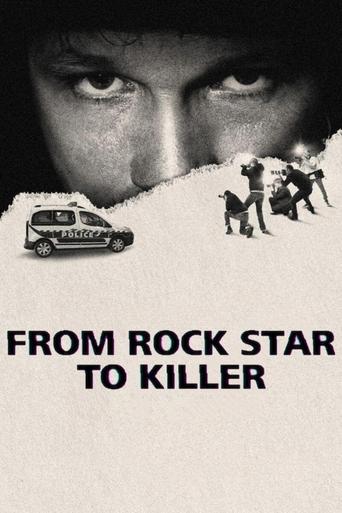 The poster features a close-up of a man's intense eyes, with a torn paper effect revealing a gritty street scene below. A vintage van and silhouetted figures add to the urban atmosphere, while the bold text "FROM ROCK STAR TO KILLER" sets a dramatic tone. The monochrome palette and gritty imagery...