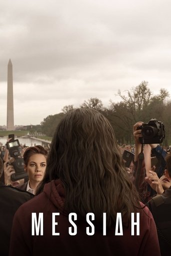 The poster features a woman with long dark hair, her face partially obscured, surrounded by numerous photographers and cameras. The muted, overcast sky and sepia-toned tones evoke a somber and mysterious atmosphere. The title "MESSIAH" is prominently displayed in bold, white letters at the bottom.